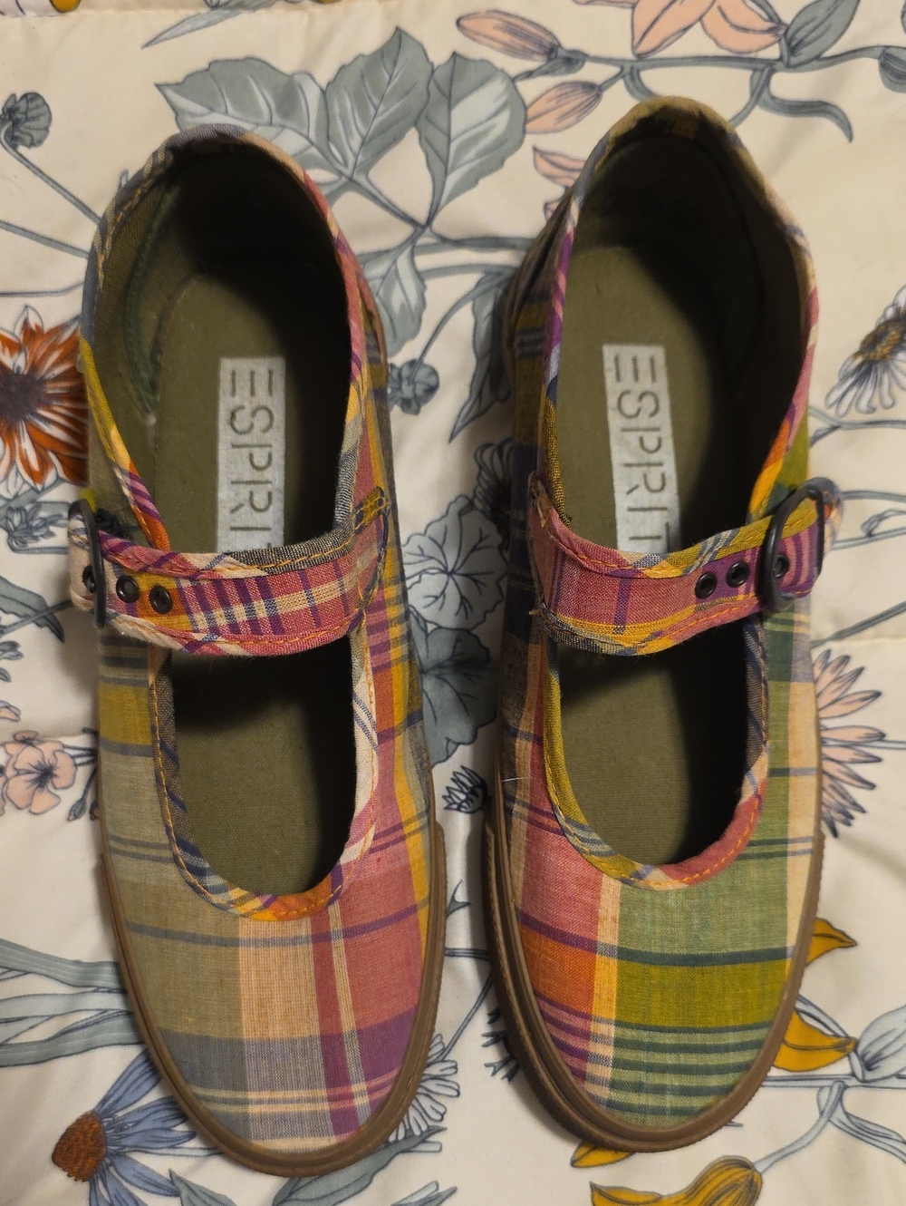 Esprit Multicolor Plaid Mary Jane Flats - Pink Green Yellow Orange